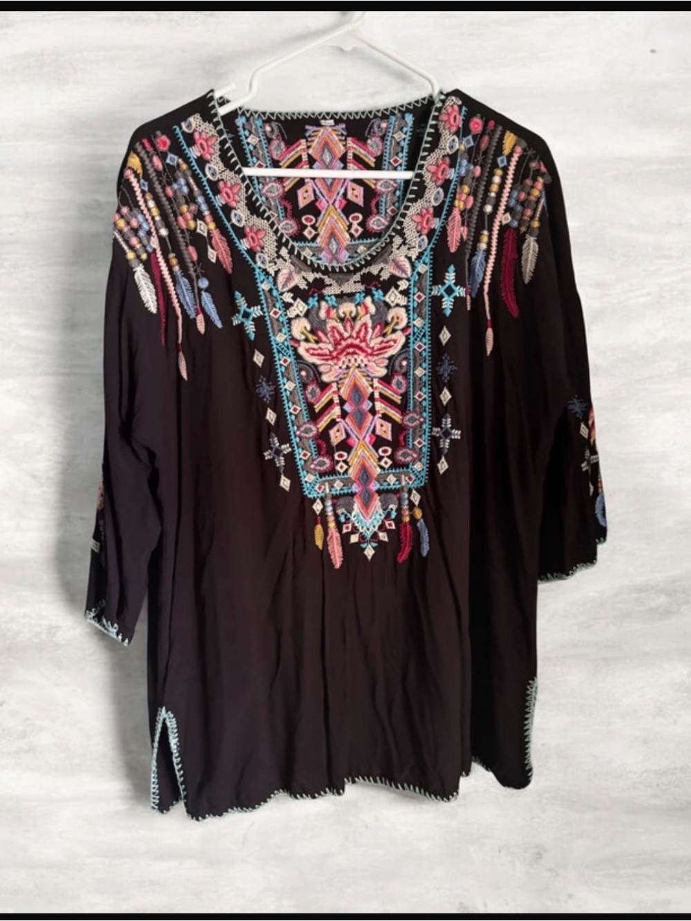 Laura Klein Embroidered Boho Tunic Top Black Size M